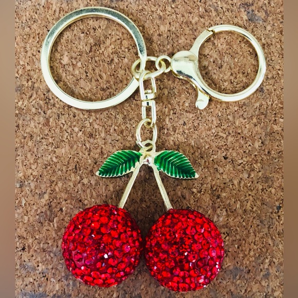 Accessories - Rhinestone Cherry Red Bag Charm Key Chain Gold Finish